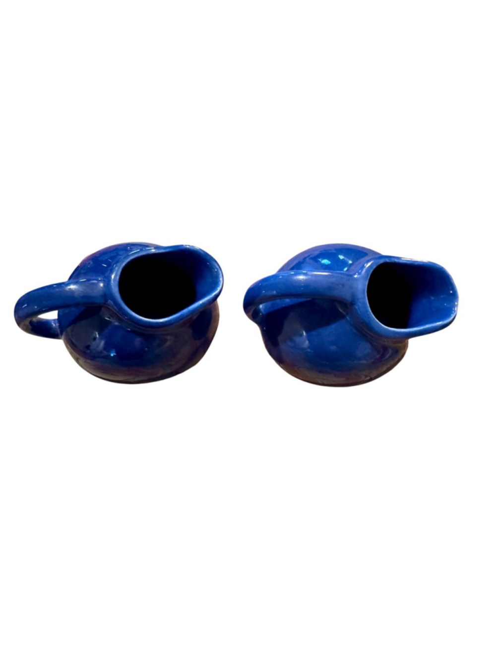 Vintage Cobalt Blue Stoneware Creamers Pair Mini Pitchers USA MCM MINT - Picture 2 of 5